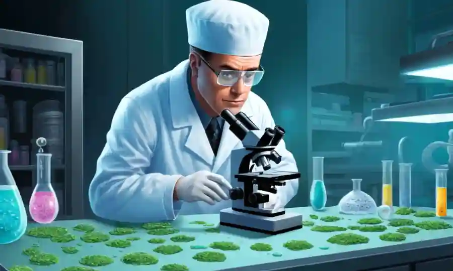 Un científico de laboratorio mirando una diapositiva de microscopio con esporas y equipos circundantes.