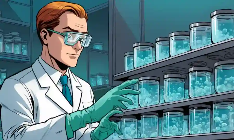 Un científico de laboratorio que observa esporas artificiales en platos petri.