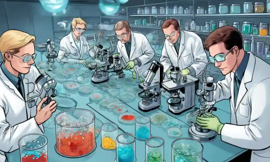 Científicos que trabajan en un laboratorio rodeado de platos petri y microscopios