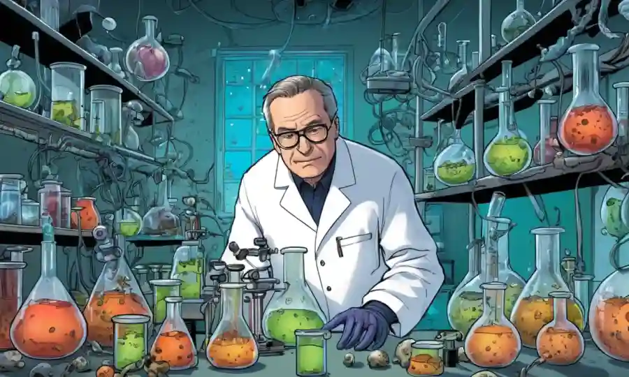 Científico en un laboratorio rodeado de calzoncillos y equipos con culturas hongos.