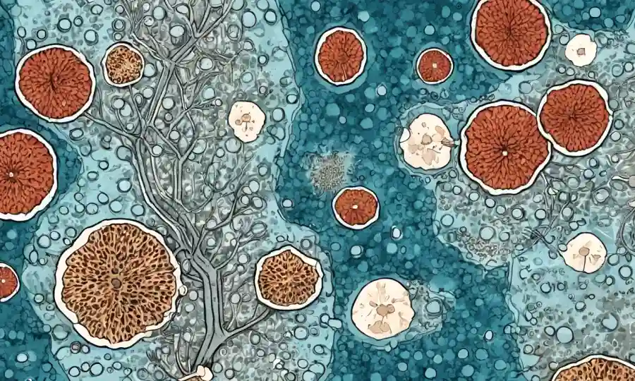 Células de hongos bajo microscopio con datos genéticos y diagramas científicos.