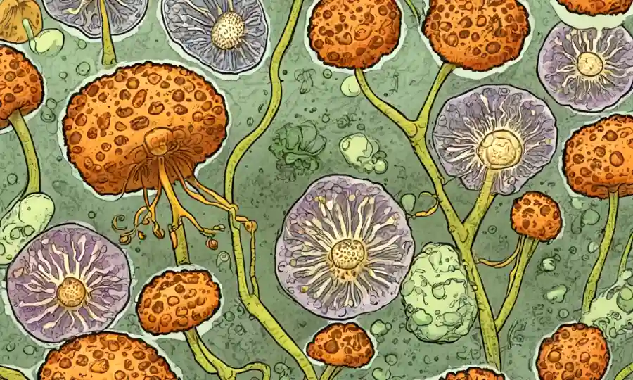 Imagen microscópica de esporas con diagramas que muestran el proceso de germinación.