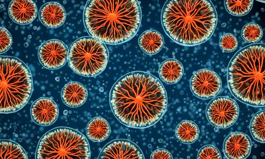 Imagen microscópica de esporas germinando en un fondo de petri.