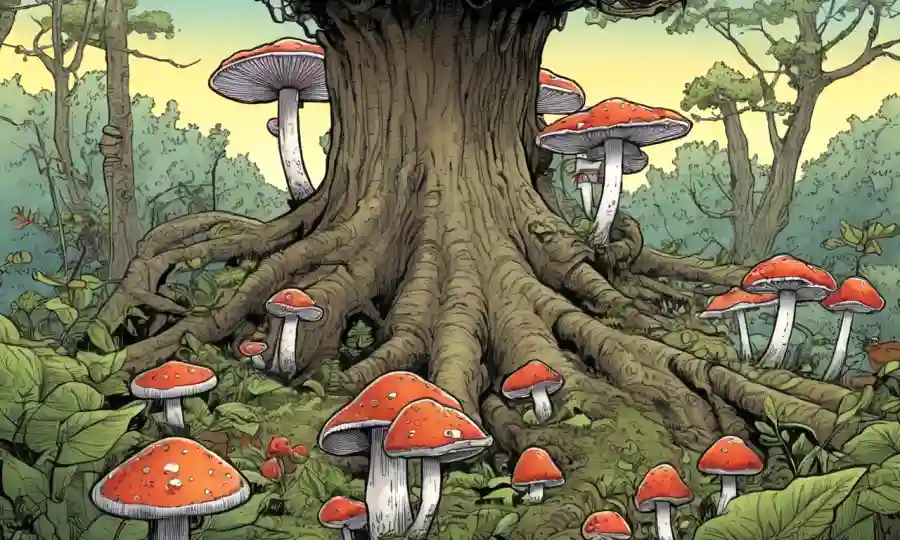 Ilustraciones de hongos y conceptos ecológicos sobre un fondo arbolado.