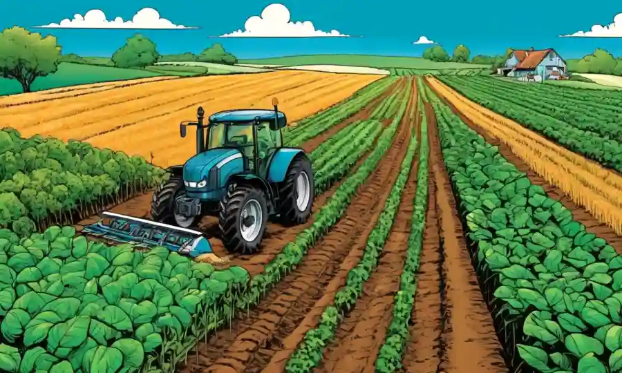 Campos agrícolas con diversos cultivos, herramientas y un fondo verde azul que simboliza la sostenibilidad.