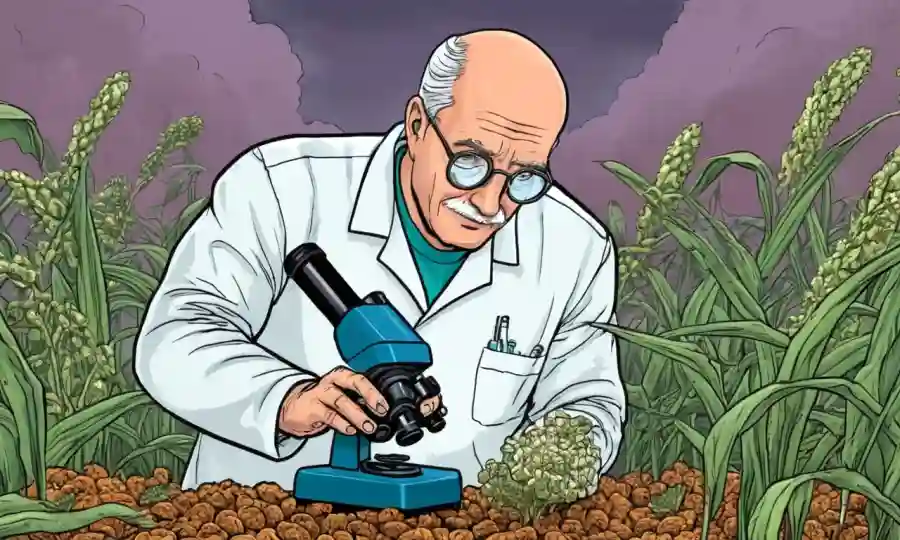 Científico examinando cultivos agrícolas bajo microscopio para patógenos hongos.