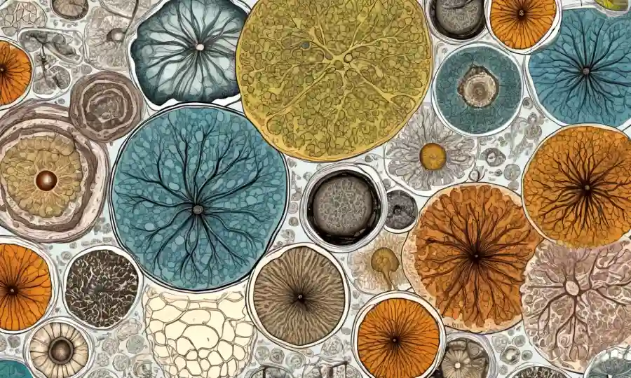 Vista microscopio de estructuras y diagramas fungosos.