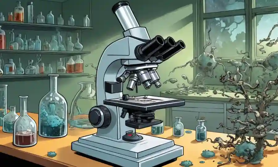 Microscopio con punta de Flask en un entorno de laboratorio, rodeado de hongos.