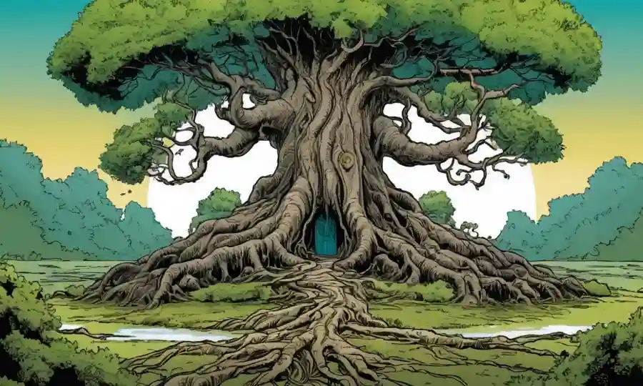 Ilustración estilizada de árboles antiguos con raíces creciendo juntas, transportando equilibrio y armonía.
