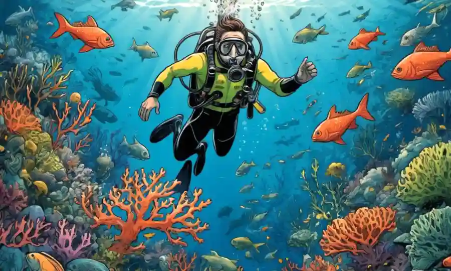 Un buceador o nadador rodeado de profundas criaturas oceánicas, con algas simbólicas y corales.