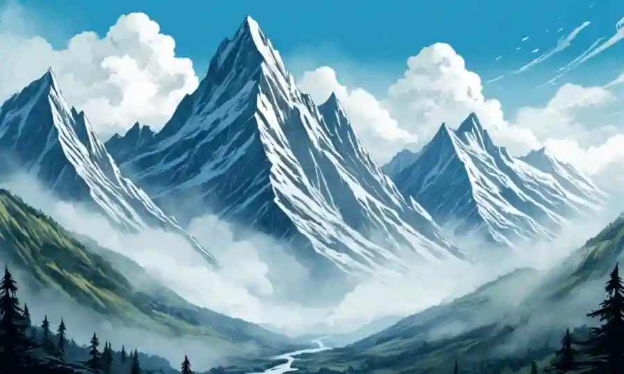 Paisaje de majestuosas montañas que se elevan hacia el cielo, con texturas y mallas que transmiten estabilidad.