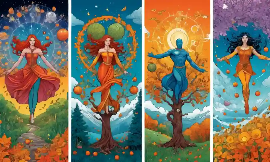 Vibrant ilustraciones que representan el proceso cíclico de las estaciones, con símbolos para el equilibrio y la transformación.