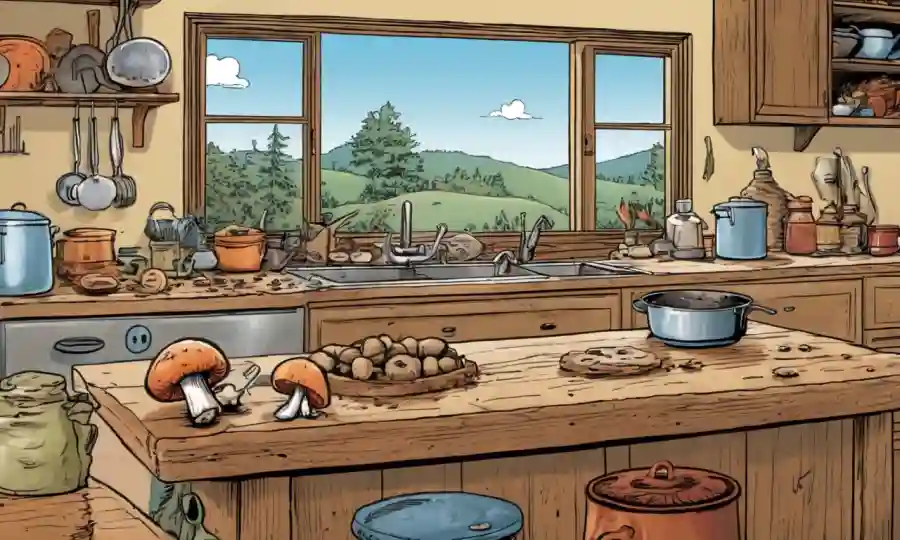 Un ambiente rústico en casa donde se prepara un hongo en el mostrador de cocina.