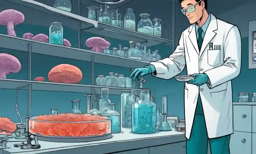 Una persona de pie junto a un plato petri con hongos culto, rodeado de equipos de laboratorio.