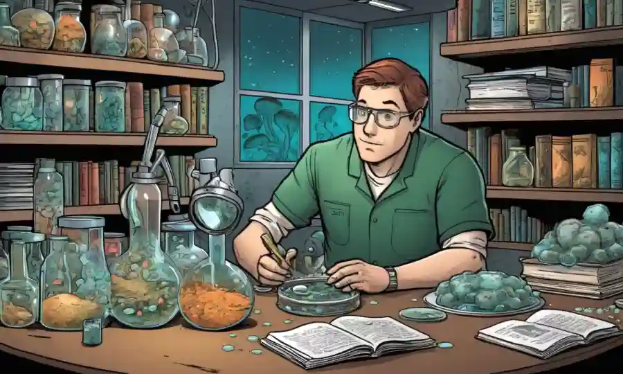 Una persona que trabaja en un laboratorio rodeado de platos de hongos Petri y libros sobre micología.