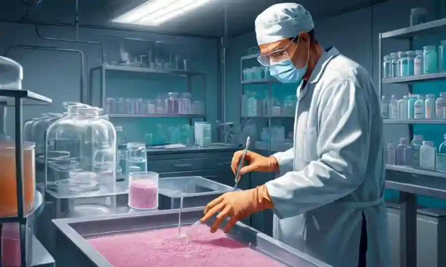 Persona que trabaja en un ambiente estéril con culturas de crecimiento micelial bajo los medios agar.