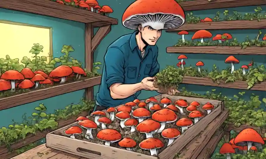 Una persona que sostiene un sustrato de cultivo de hongos, rodeado de hongos en un estante o mesa.