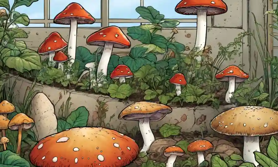 Primer plano de varias especies de hongos creciendo en un entorno de jardín casero.