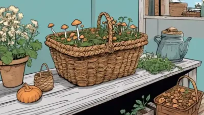 Una persona que sostiene una cesta de setas junto con el equipo de cultivo casero en una mesa o estante.