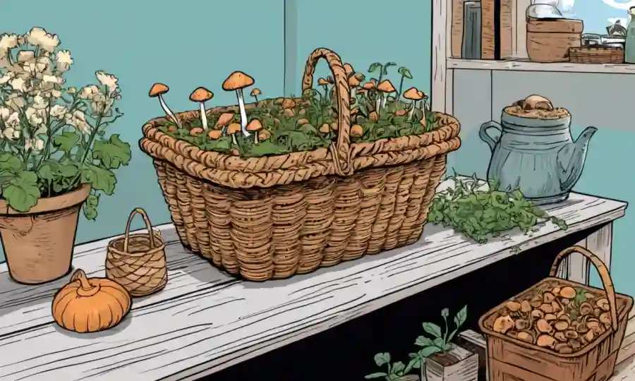 Una persona que sostiene una cesta de setas junto con el equipo de cultivo casero en una mesa o estante.
