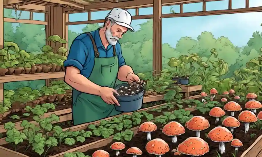 Agricultor tiende suavemente a las gorras de hongos creciendo en un jardín interior hecho en casa.