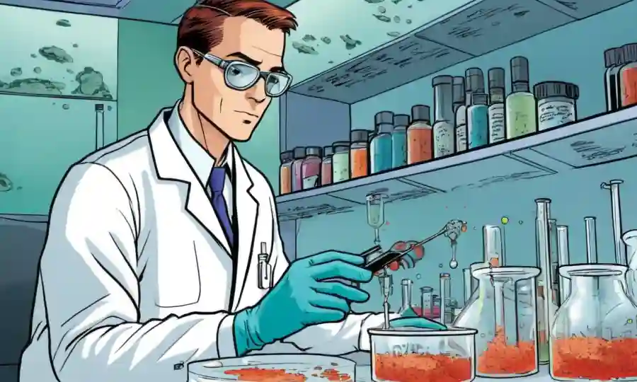 Un científico de laboratorio que realiza una prueba de toxicidad fúngica en un plato petri.