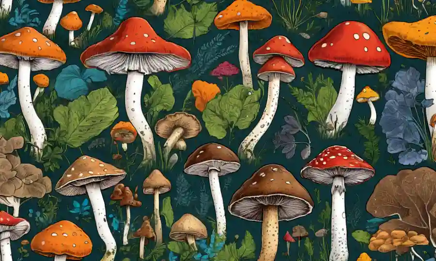 Libro guía de setas con ilustraciones coloridas de especies e información sobre identificación y uso.