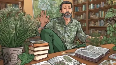 Persona rodeada de libros sobre simbiosis micorrorizal con ilustraciones botánicas en el fondo.