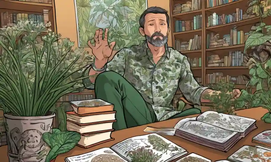 Persona rodeada de libros sobre simbiosis micorrorizal con ilustraciones botánicas en el fondo.