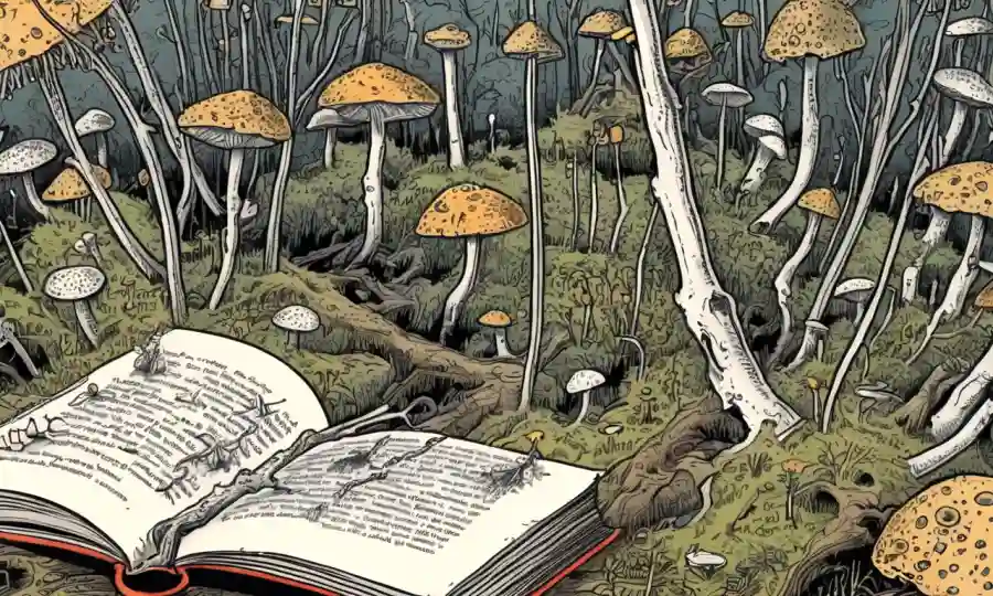 Vista microscópica de diminutas redes de hongos con recomendaciones de libros y flechas que conectan las raíces.