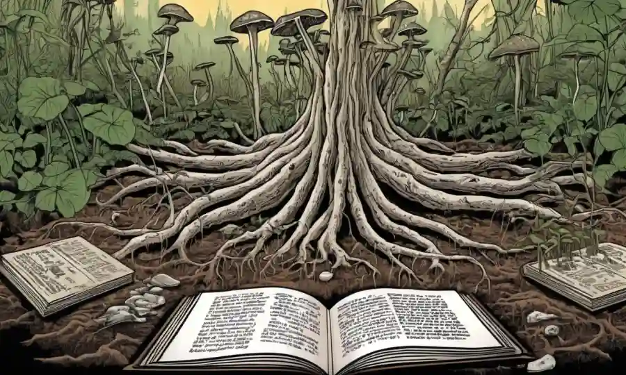 Una hifa fúngica rodeada de raíces vegetales, con cubiertas de libros académicos en el fondo.