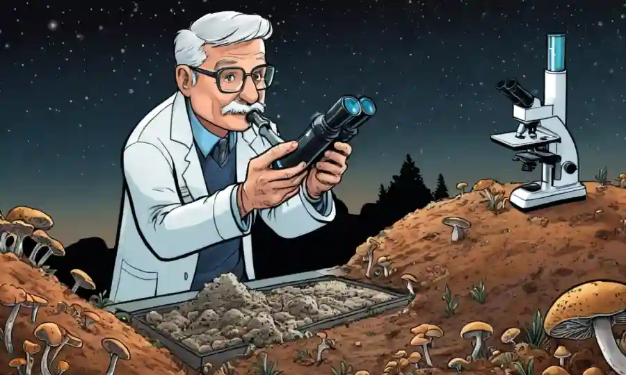 Científico sosteniendo muestras de hongos cerca de un microscopio y fondo del suelo.