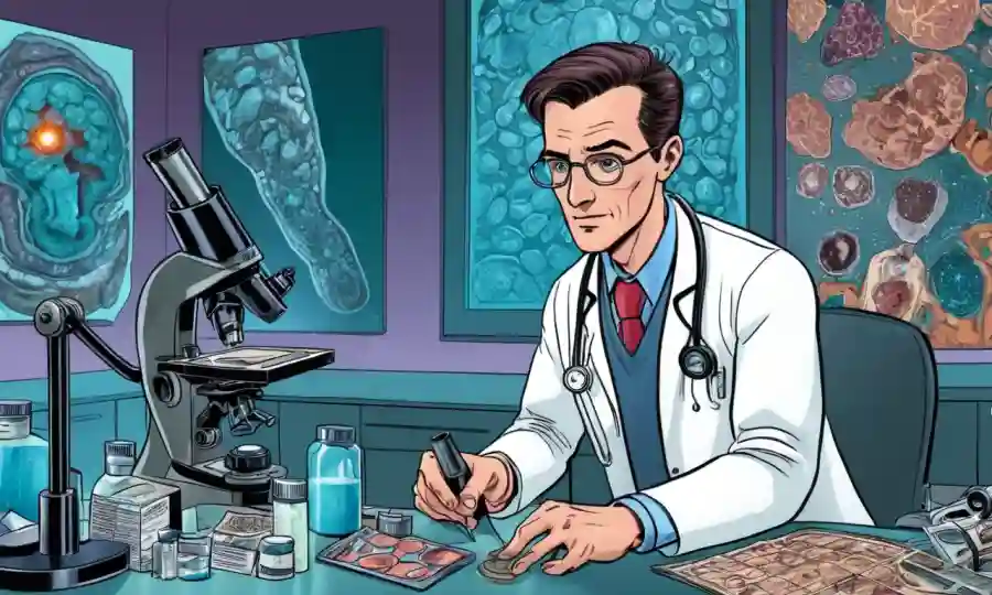 Un médico examina muestras de piel bajo un microscopio con recursos médicos que rodean.