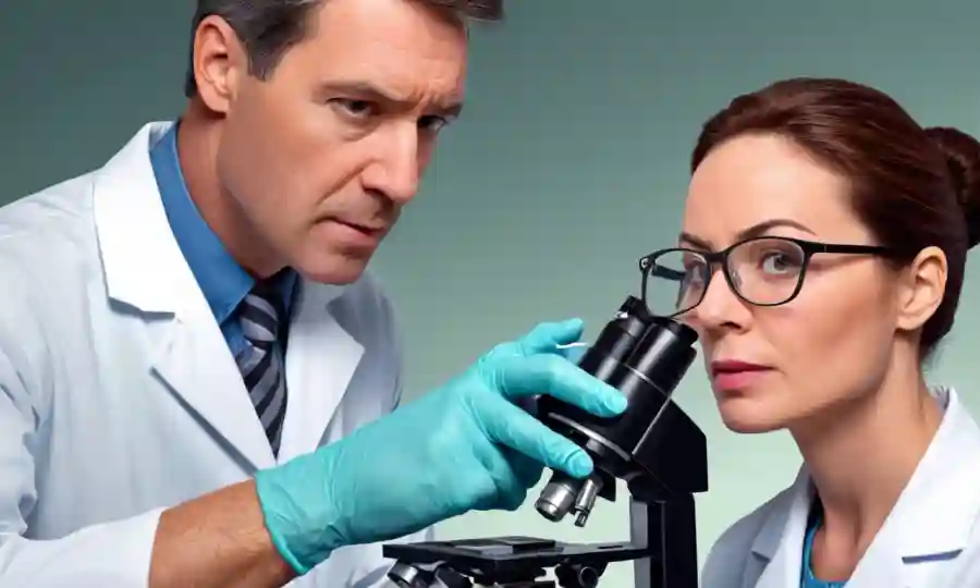 Un profesional médico que examina una muestra de piel de pacientes bajo un microscopio.
