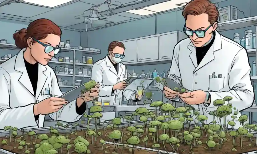 Los científicos manejan cuidadosamente esporas fúngicas en un laboratorio o entorno de campo.