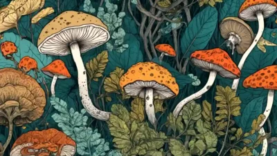 Ilustración detallada de las redes de hongos con plantas que crecen armoniosamente.