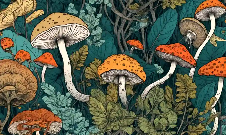 Ilustración detallada de las redes de hongos con plantas que crecen armoniosamente.