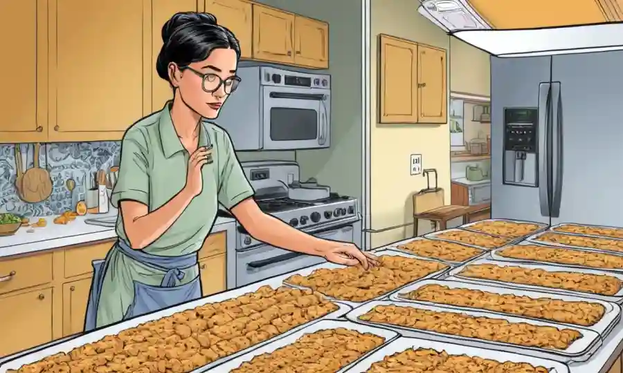 Mujer comprobando en contenedores tempeh durante el proceso de fermentación en su cocina casera.
