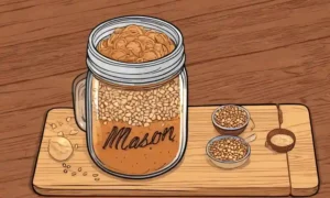 Jarra de masón llena de ingredientes de mezcla de miso en un fondo de madera.