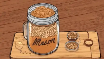 Jarra de masón llena de ingredientes de mezcla de miso en un fondo de madera.
