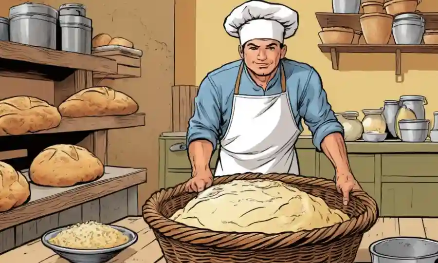 Un panadero amasando masa frente a una cesta de pan fermentante.