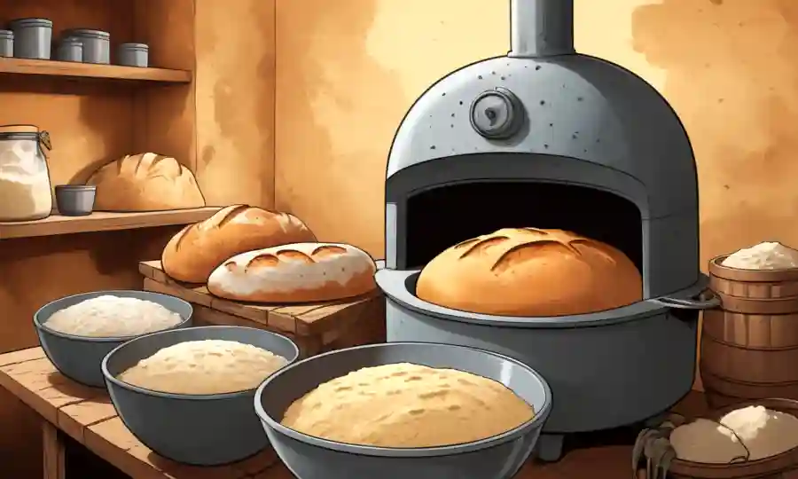 Un horno de pan con cuencos de mezcla, levadura y harina como elementos clave en el proceso de fermentación.