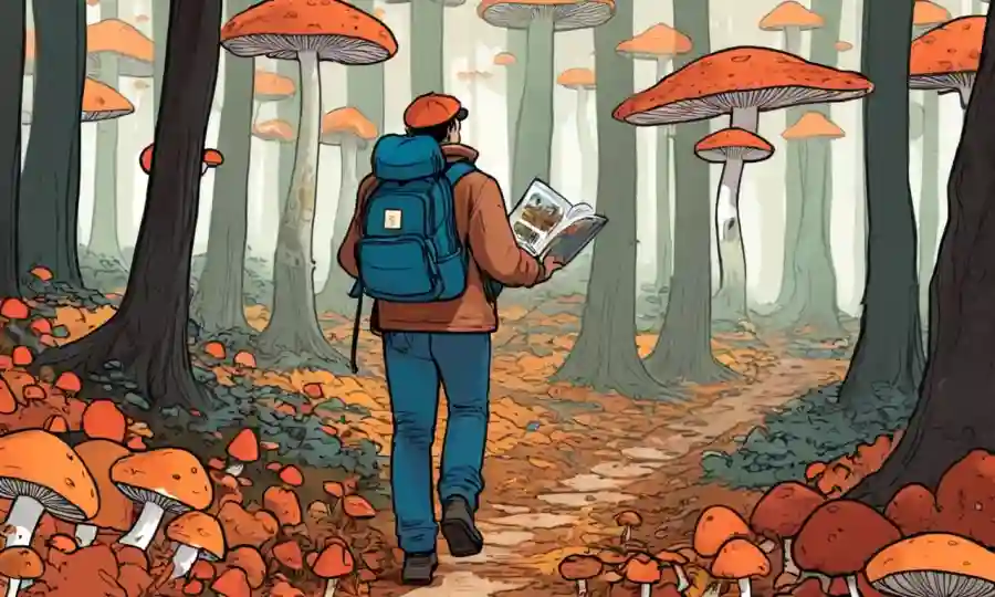 Una persona caminando a través de un bosque otoñal, rodeado de setas, con una guía en la mano.