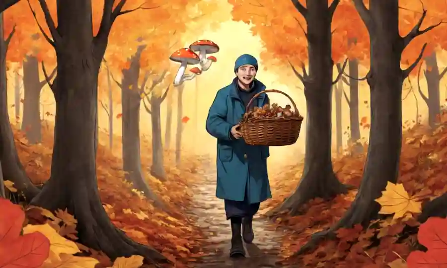 Una persona que sostiene una canasta, rodeada de hojas de otoño y hongos en el bosque.