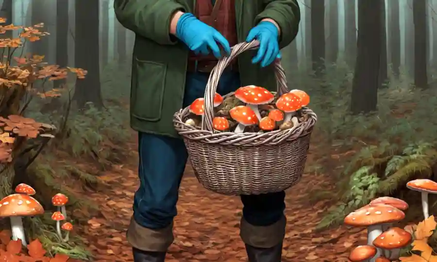 Una persona que lleva guantes y sostiene una cesta, forraje en un bosque de otoño con hongos creciendo alrededor de ellos.