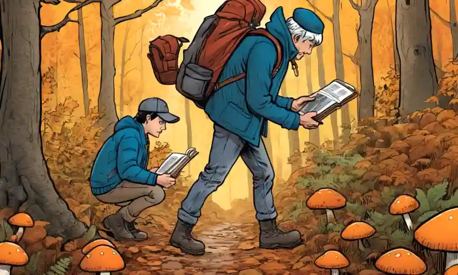 Persona forraje para hongos en un bosque de otoño con guía.