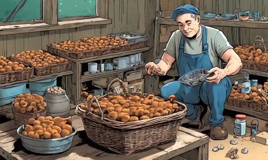 Una persona que almacena cuidadosamente hongos en una cesta o contenedor, con equipo relacionado e ingredientes cercanos.