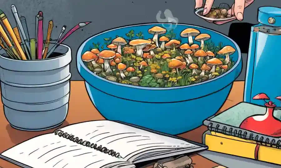 Person holding hongos en un tazón con cuaderno y contenedores de almacenamiento cerca.