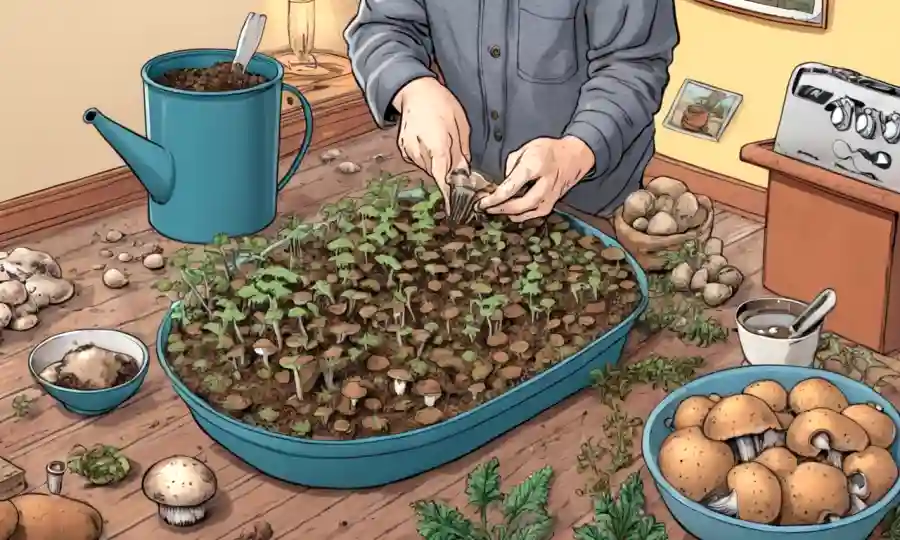 Un plano de las manos tendiendo a las culturas de hongos en un ambiente acogedor.