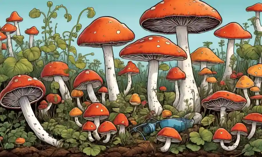 Una ilustración colorida de varios hongos creciendo con equipos y guías paso a paso para cultivar en casa.